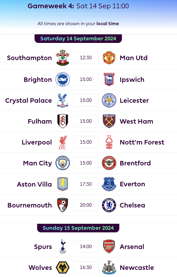 FPL GW4 Fixtures